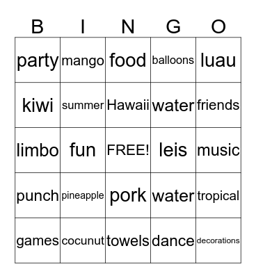 Luau Bingo Card
