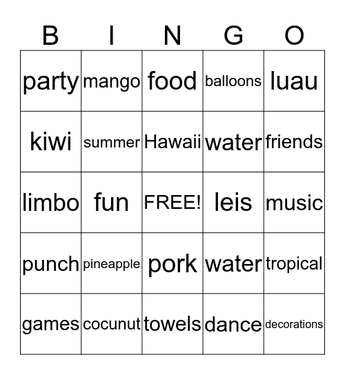 Luau Bingo Card