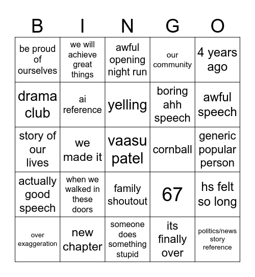 Graduation Speech Bingo Card