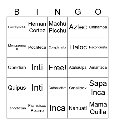 Spanish Conquest Bingo Card