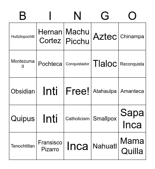 Spanish Conquest Bingo Card