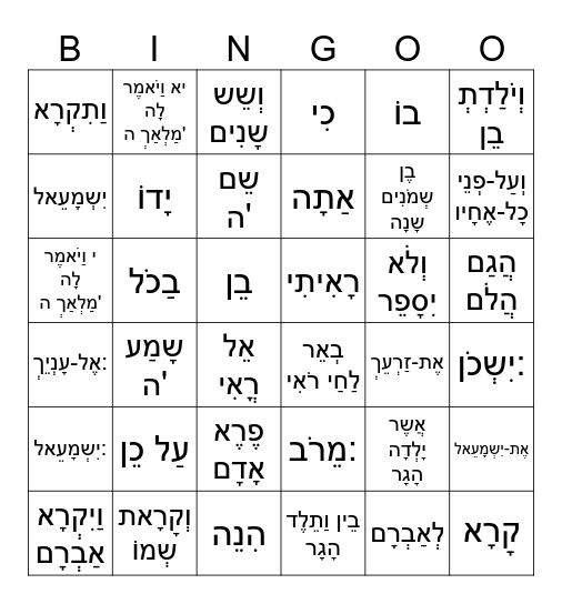 Breishis Perek 16 Bingo Card