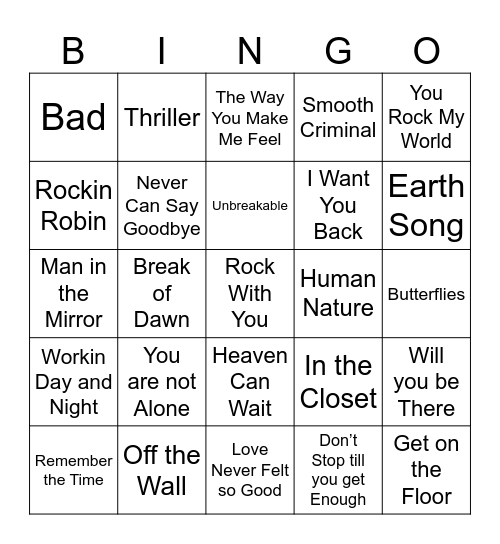R&B Bingo - Michael Jackson Night Bingo Card