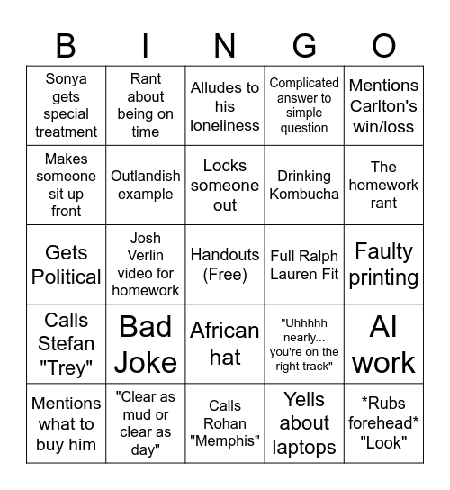 Mr Maycock Bingo Card