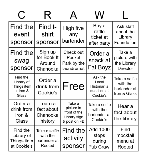 Shhhh...It's the Library Pub Crawl 2026 Bingo! Bingo Card