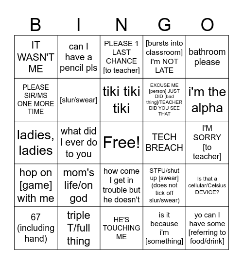 class sayings bingo 2.0 Bingo Card