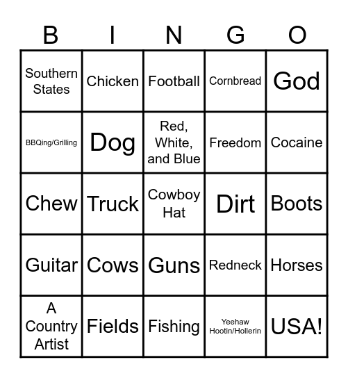 Country Music Bingo Card