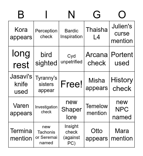 Sleepover At Hal's House [Critical Role 4.27] Bingo Card