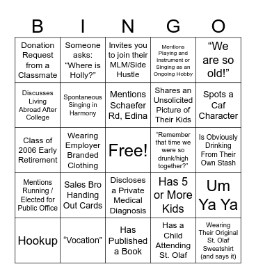 Ole Reunion 2026 Bingo Card