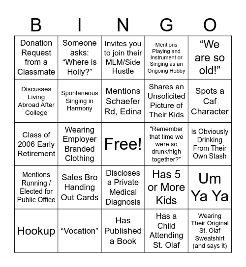 Ole Reunion 2026 Bingo Card