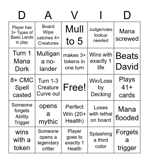 David Draft Bingo Card