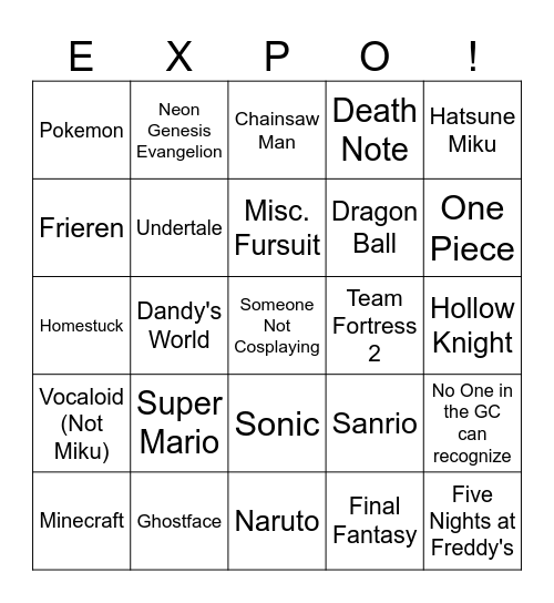 Fan Expo Bingo Card