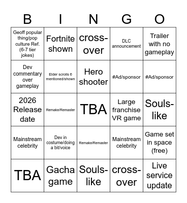 Skype Games Fest Bingo Card