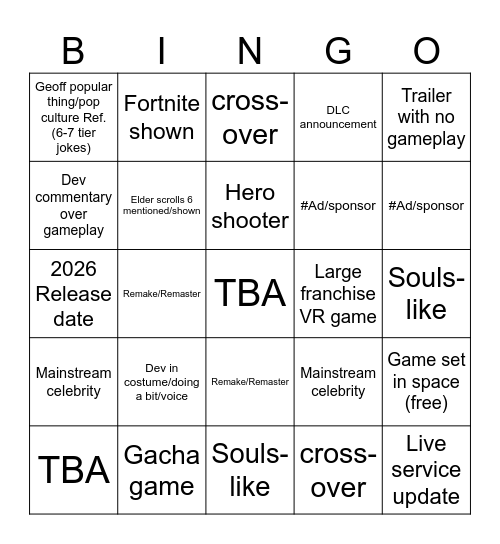 Skype Games Fest Bingo Card