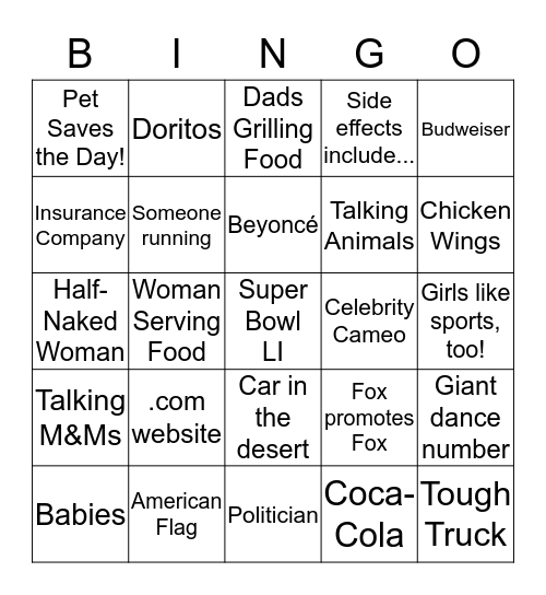 Super Bowl LI Bingo Card