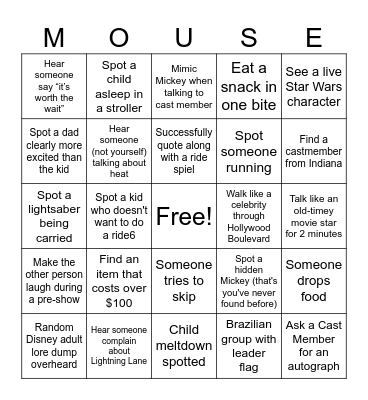 Hollywood Studios Bingo Card