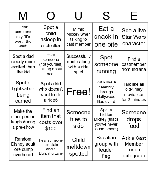 Hollywood Studios Bingo Card