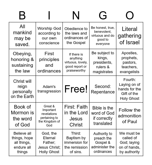 Articles of Faith Bingo Card