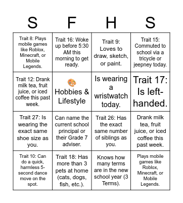 BINGO TRAITS Bingo Card