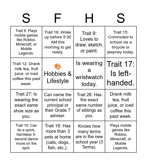 BINGO TRAITS Bingo Card