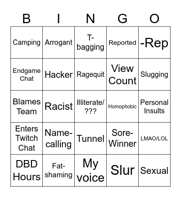 DBD Toxic Survivor Bingo Card