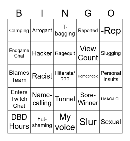 DBD Toxic Survivor Bingo Card