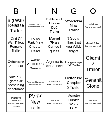 Game Announcement Week 2026 Bingo Card