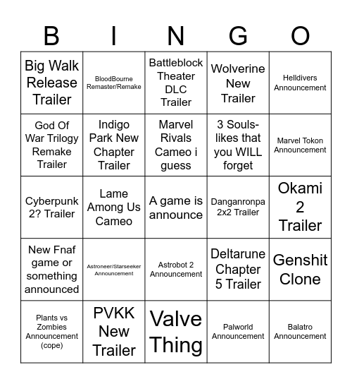 Game Announcement Week 2026 Bingo Card