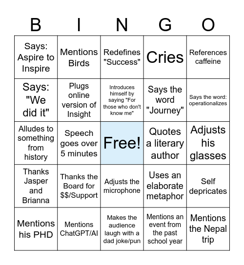 Graham's Graduation Speech Bingo Card