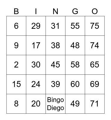 BINGO Diego Bingo Card
