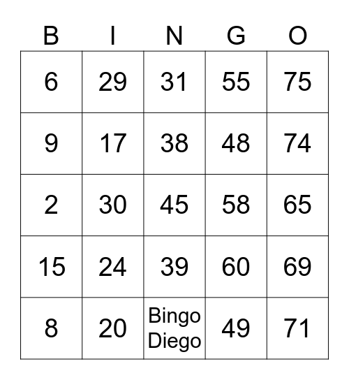 BINGO Diego Bingo Card