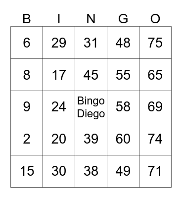 BINGO Diego Bingo Card