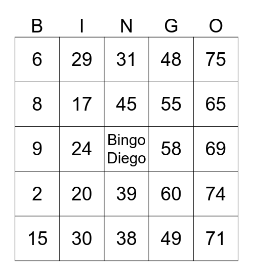 BINGO Diego Bingo Card