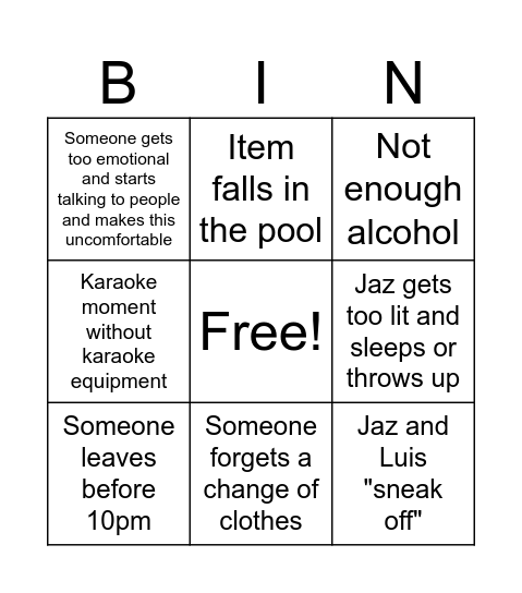 Jaz Bday Party Bingo Card