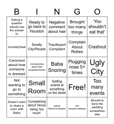 Mama India Trip Bingo Card