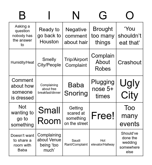 Mama India Trip Bingo Card