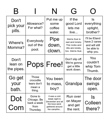 Reunion Bingo Card