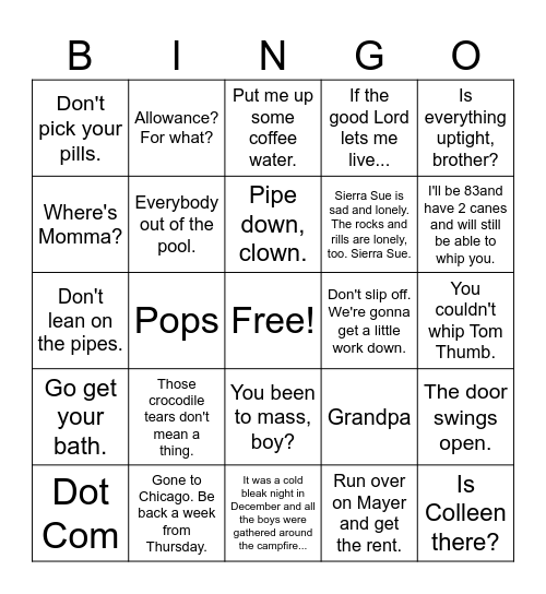 Reunion Bingo Card