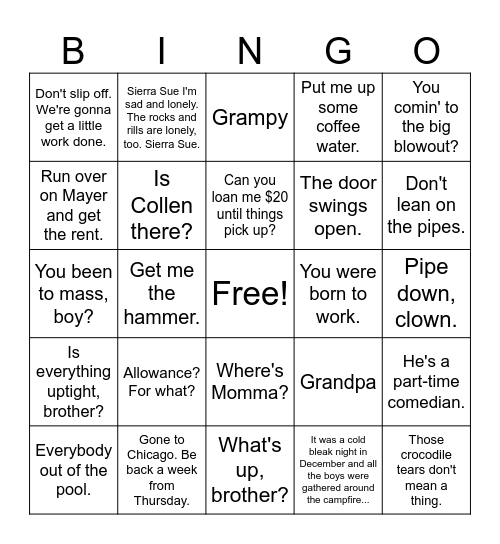 Family Bingo Card