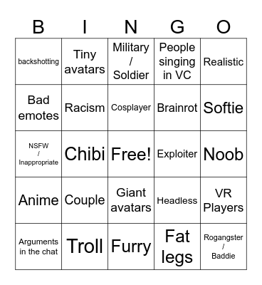 Roblox Bingo Card