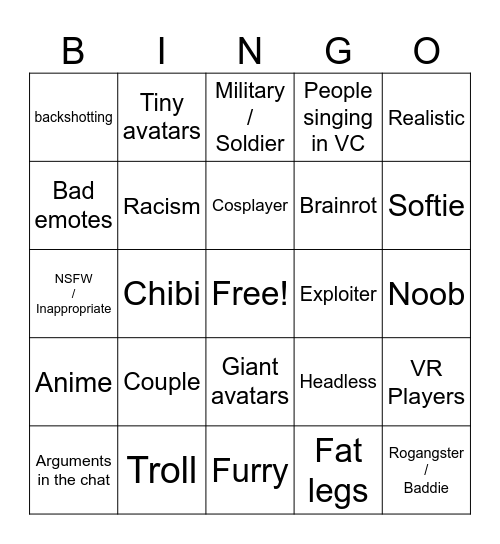 Roblox Bingo Card