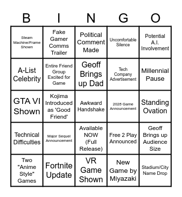 Summer Game Fest 2026 Bingo Card