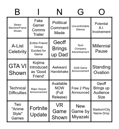 Summer Game Fest 2026 Bingo Card