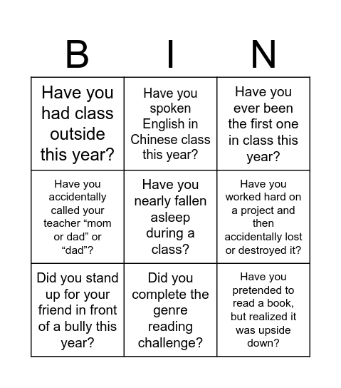 End of Year Bingo Card
