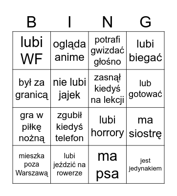 Znajdź kogoś kto... Bingo Card