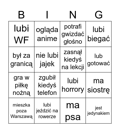 Znajdź kogoś kto... Bingo Card
