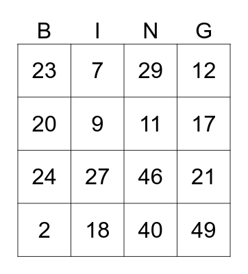 test Bingo Card