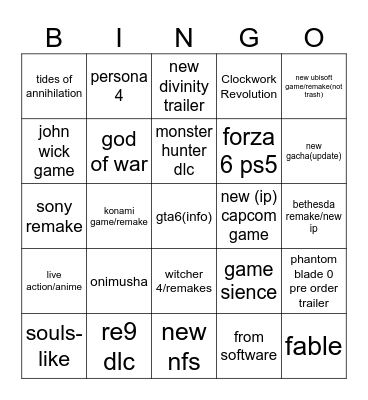 Game announcements Bingo Card