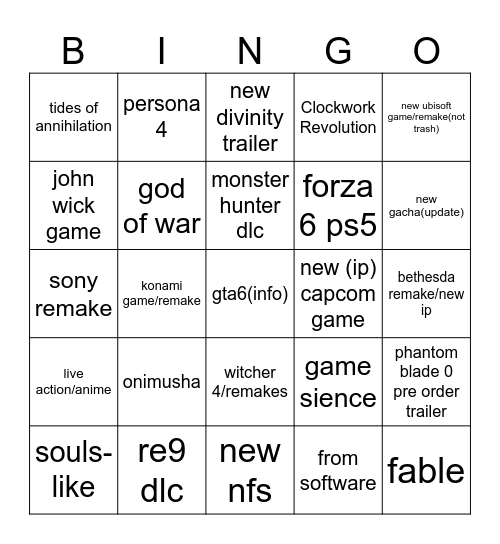 Game announcements Bingo Card