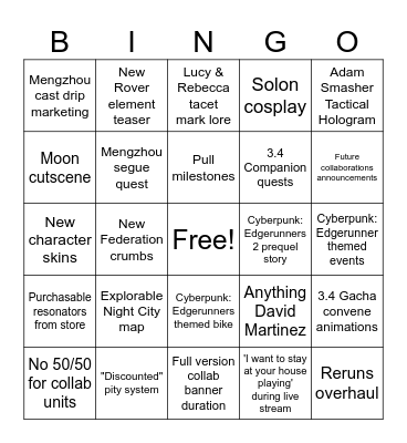 WUWA Version 3.4 Special Broadcast Bingo Card